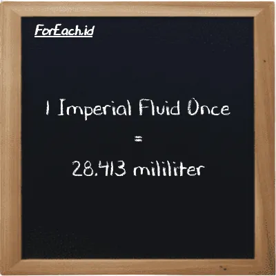 1 Imperial Fluid Once is equivalent to 28.413 milliliter (1 imp fl oz is equivalent to 28.413 ml)