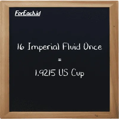 16 Imperial Fluid Once is equivalent to 1.9215 US Cup (16 imp fl oz is equivalent to 1.9215 c)
