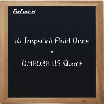 16 Imperial Fluid Once is equivalent to 0.48038 US Quart (16 imp fl oz is equivalent to 0.48038 qt)