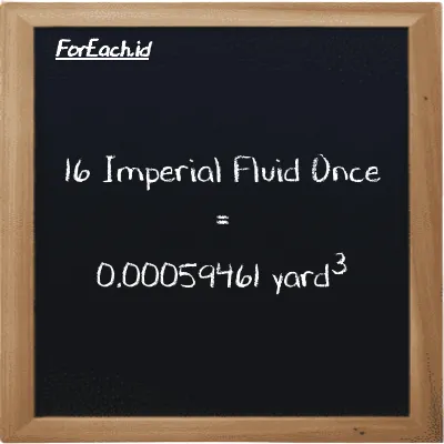 16 Imperial Fluid Once is equivalent to 0.00059461 yard<sup>3</sup> (16 imp fl oz is equivalent to 0.00059461 yd<sup>3</sup>)