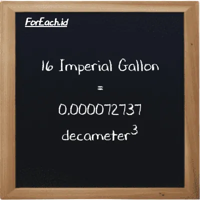 16 Imperial Gallon is equivalent to 0.000072737 decameter<sup>3</sup> (16 imp gal is equivalent to 0.000072737 dam<sup>3</sup>)