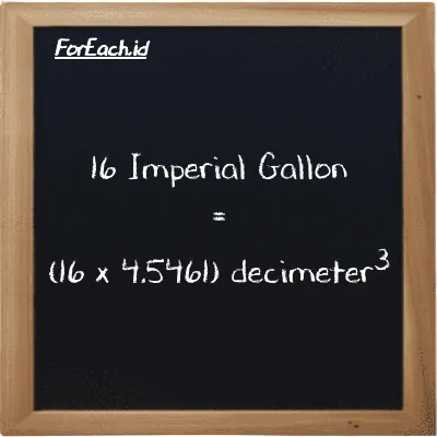 How to convert Imperial Gallon to decimeter<sup>3</sup>: 16 Imperial Gallon (imp gal) is equivalent to 16 times 4.5461 decimeter<sup>3</sup> (dm<sup>3</sup>)