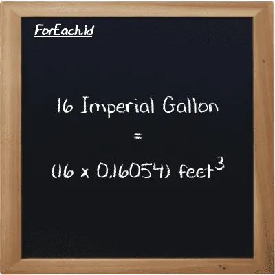 How to convert Imperial Gallon to feet<sup>3</sup>: 16 Imperial Gallon (imp gal) is equivalent to 16 times 0.16054 feet<sup>3</sup> (ft<sup>3</sup>)