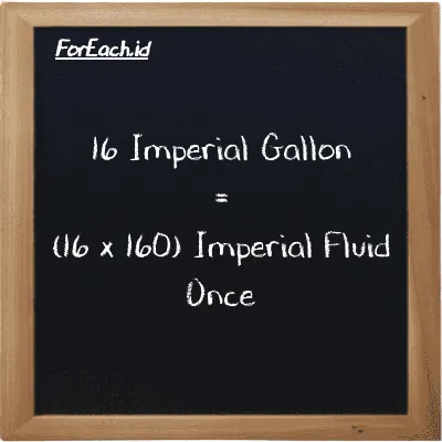 How to convert Imperial Gallon to Imperial Fluid Once: 16 Imperial Gallon (imp gal) is equivalent to 16 times 160 Imperial Fluid Once (imp fl oz)