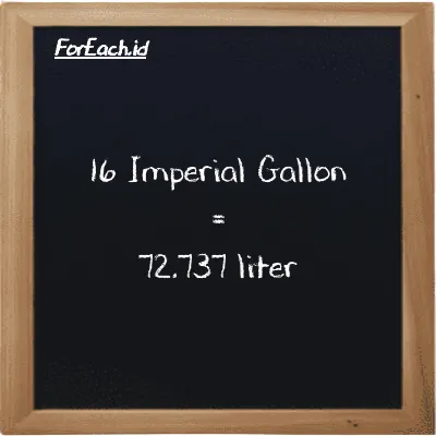 16 Imperial Gallon is equivalent to 72.737 liter (16 imp gal is equivalent to 72.737 l)