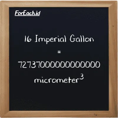 16 Imperial Gallon is equivalent to 72737000000000000 micrometer<sup>3</sup> (16 imp gal is equivalent to 72737000000000000 µm<sup>3</sup>)