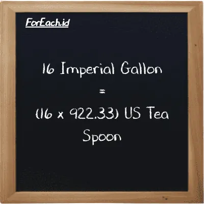 How to convert Imperial Gallon to US Tea Spoon: 16 Imperial Gallon (imp gal) is equivalent to 16 times 922.33 US Tea Spoon (tsp)