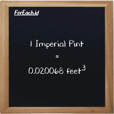 1 Imperial Pint is equivalent to 0.020068 feet<sup>3</sup> (1 imp pt is equivalent to 0.020068 ft<sup>3</sup>)