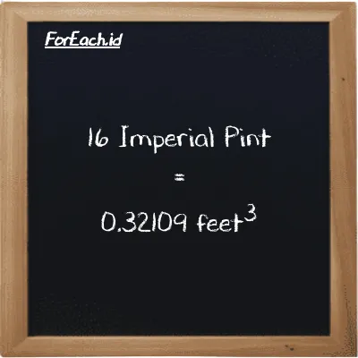 16 Imperial Pint is equivalent to 0.32109 feet<sup>3</sup> (16 imp pt is equivalent to 0.32109 ft<sup>3</sup>)