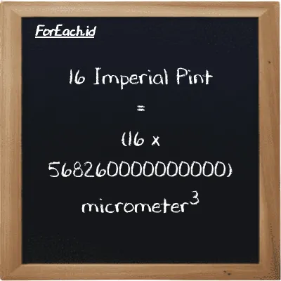 How to convert Imperial Pint to micrometer<sup>3</sup>: 16 Imperial Pint (imp pt) is equivalent to 16 times 568260000000000 micrometer<sup>3</sup> (µm<sup>3</sup>)