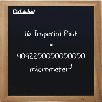 16 Imperial Pint is equivalent to 9092200000000000 micrometer<sup>3</sup> (16 imp pt is equivalent to 9092200000000000 µm<sup>3</sup>)