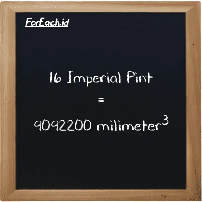 16 Imperial Pint is equivalent to 9092200 millimeter<sup>3</sup> (16 imp pt is equivalent to 9092200 mm<sup>3</sup>)
