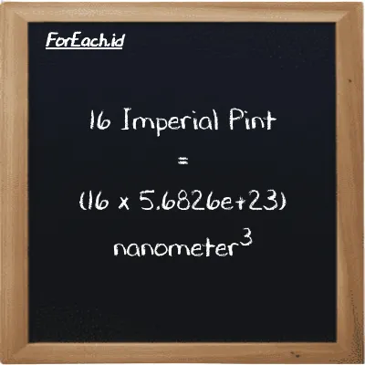 How to convert Imperial Pint to nanometer<sup>3</sup>: 16 Imperial Pint (imp pt) is equivalent to 16 times 5.6826e+23 nanometer<sup>3</sup> (nm<sup>3</sup>)