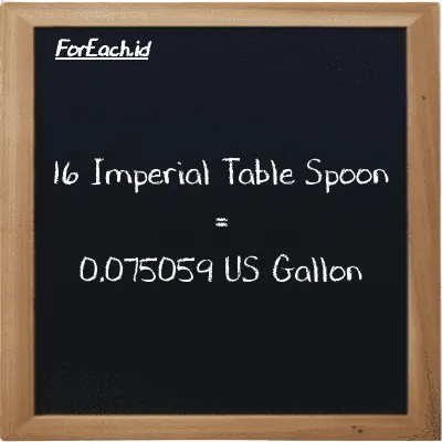 16 Imperial Table Spoon is equivalent to 0.075059 US Gallon (16 imp tbsp is equivalent to 0.075059 gal)