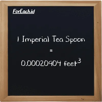 1 Imperial Tea Spoon is equivalent to 0.00020904 feet<sup>3</sup> (1 imp tsp is equivalent to 0.00020904 ft<sup>3</sup>)