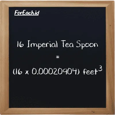 How to convert Imperial Tea Spoon to feet<sup>3</sup>: 16 Imperial Tea Spoon (imp tsp) is equivalent to 16 times 0.00020904 feet<sup>3</sup> (ft<sup>3</sup>)