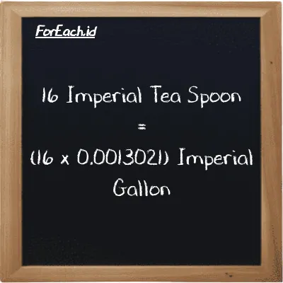 How to convert Imperial Tea Spoon to Imperial Gallon: 16 Imperial Tea Spoon (imp tsp) is equivalent to 16 times 0.0013021 Imperial Gallon (imp gal)