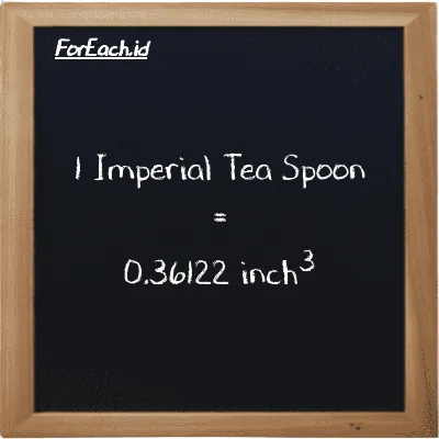 1 Imperial Tea Spoon is equivalent to 0.36122 inch<sup>3</sup> (1 imp tsp is equivalent to 0.36122 in<sup>3</sup>)