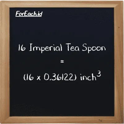 How to convert Imperial Tea Spoon to inch<sup>3</sup>: 16 Imperial Tea Spoon (imp tsp) is equivalent to 16 times 0.36122 inch<sup>3</sup> (in<sup>3</sup>)