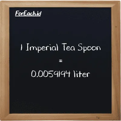 1 Imperial Tea Spoon is equivalent to 0.0059194 liter (1 imp tsp is equivalent to 0.0059194 l)