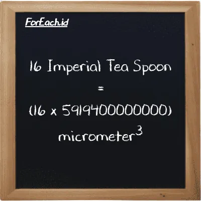 How to convert Imperial Tea Spoon to micrometer<sup>3</sup>: 16 Imperial Tea Spoon (imp tsp) is equivalent to 16 times 5919400000000 micrometer<sup>3</sup> (µm<sup>3</sup>)