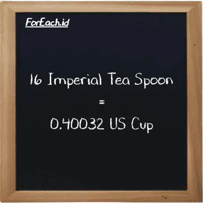 16 Imperial Tea Spoon is equivalent to 0.40032 US Cup (16 imp tsp is equivalent to 0.40032 c)