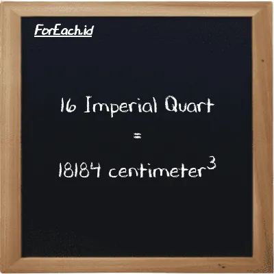 16 Imperial Quart is equivalent to 18184 centimeter<sup>3</sup> (16 imp qt is equivalent to 18184 cm<sup>3</sup>)
