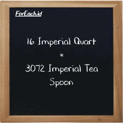 16 Imperial Quart is equivalent to 3072 Imperial Tea Spoon (16 imp qt is equivalent to 3072 imp tsp)