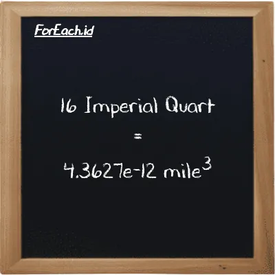 16 Imperial Quart is equivalent to 4.3627e-12 mile<sup>3</sup> (16 imp qt is equivalent to 4.3627e-12 mi<sup>3</sup>)