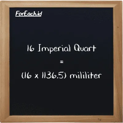 How to convert Imperial Quart to milliliter: 16 Imperial Quart (imp qt) is equivalent to 16 times 1136.5 milliliter (ml)