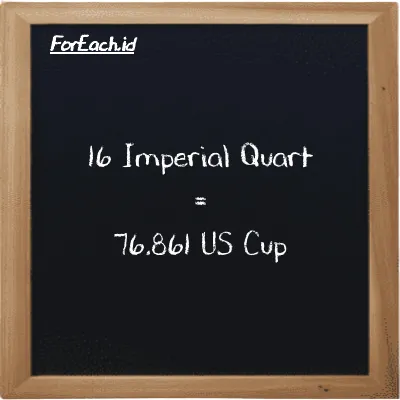 16 Imperial Quart is equivalent to 76.861 US Cup (16 imp qt is equivalent to 76.861 c)