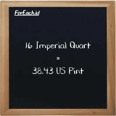 16 Imperial Quart is equivalent to 38.43 US Pint (16 imp qt is equivalent to 38.43 pt)