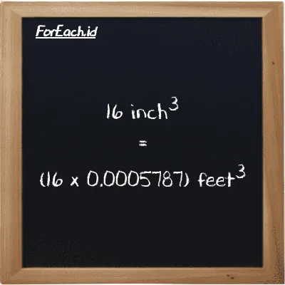 How to convert inch<sup>3</sup> to feet<sup>3</sup>: 16 inch<sup>3</sup> (in<sup>3</sup>) is equivalent to 16 times 0.0005787 feet<sup>3</sup> (ft<sup>3</sup>)