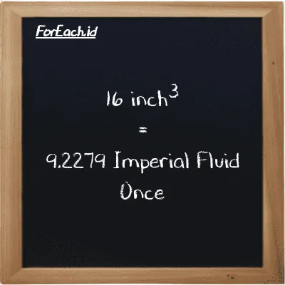 16 inch<sup>3</sup> is equivalent to 9.2279 Imperial Fluid Once (16 in<sup>3</sup> is equivalent to 9.2279 imp fl oz)