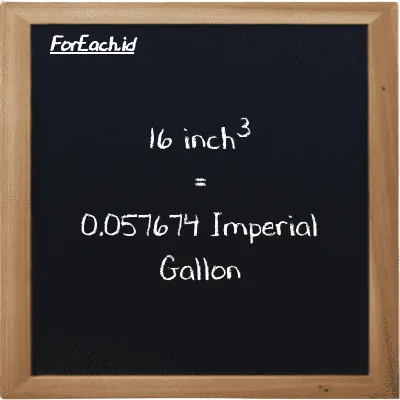 16 inch<sup>3</sup> is equivalent to 0.057674 Imperial Gallon (16 in<sup>3</sup> is equivalent to 0.057674 imp gal)
