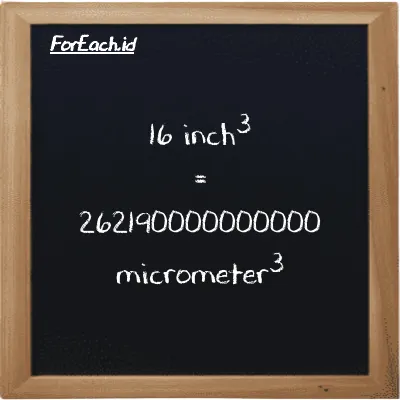 16 inch<sup>3</sup> is equivalent to 262190000000000 micrometer<sup>3</sup> (16 in<sup>3</sup> is equivalent to 262190000000000 µm<sup>3</sup>)
