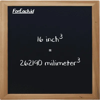 16 inch<sup>3</sup> is equivalent to 262190 millimeter<sup>3</sup> (16 in<sup>3</sup> is equivalent to 262190 mm<sup>3</sup>)