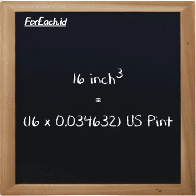 How to convert inch<sup>3</sup> to US Pint: 16 inch<sup>3</sup> (in<sup>3</sup>) is equivalent to 16 times 0.034632 US Pint (pt)