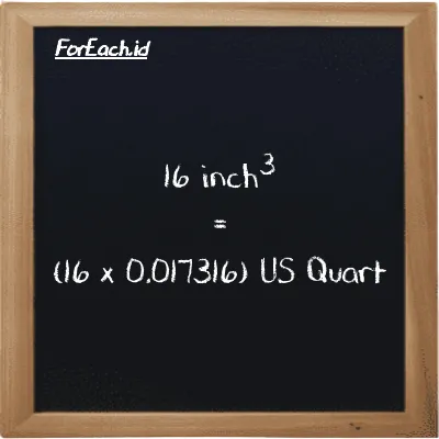 How to convert inch<sup>3</sup> to US Quart: 16 inch<sup>3</sup> (in<sup>3</sup>) is equivalent to 16 times 0.017316 US Quart (qt)