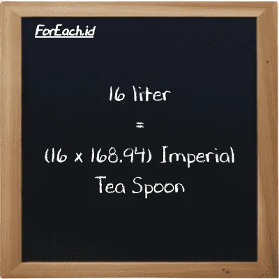 How to convert liter to Imperial Tea Spoon: 16 liter (l) is equivalent to 16 times 168.94 Imperial Tea Spoon (imp tsp)