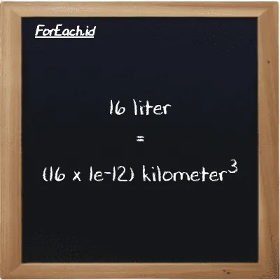How to convert liter to kilometer<sup>3</sup>: 16 liter (l) is equivalent to 16 times 1e-12 kilometer<sup>3</sup> (km<sup>3</sup>)
