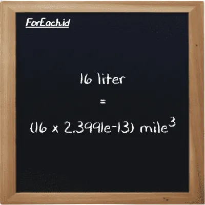 How to convert liter to mile<sup>3</sup>: 16 liter (l) is equivalent to 16 times 2.3991e-13 mile<sup>3</sup> (mi<sup>3</sup>)