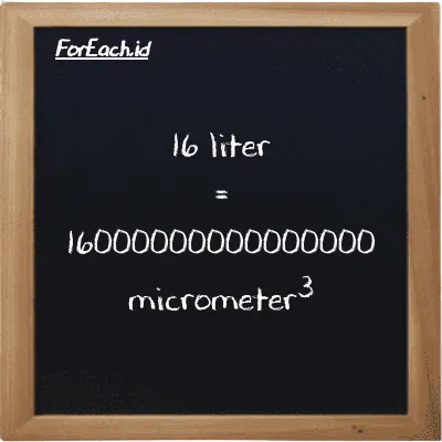 16 liter is equivalent to 16000000000000000 micrometer<sup>3</sup> (16 l is equivalent to 16000000000000000 µm<sup>3</sup>)