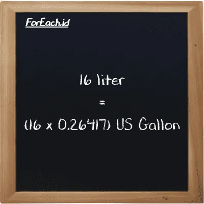 How to convert liter to US Gallon: 16 liter (l) is equivalent to 16 times 0.26417 US Gallon (gal)