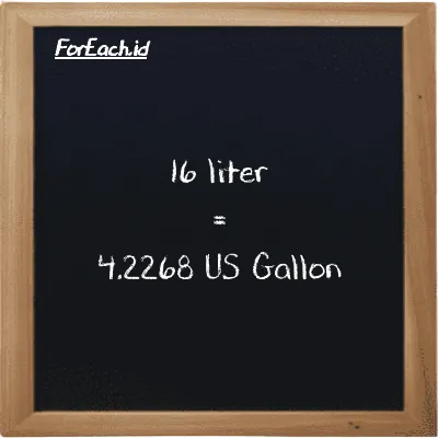 16 liter is equivalent to 4.2268 US Gallon (16 l is equivalent to 4.2268 gal)