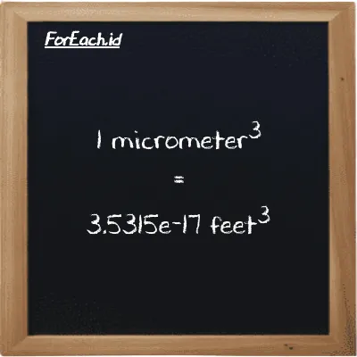 1 micrometer<sup>3</sup> is equivalent to 3.5315e-17 feet<sup>3</sup> (1 µm<sup>3</sup> is equivalent to 3.5315e-17 ft<sup>3</sup>)