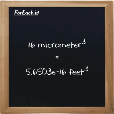 16 micrometer<sup>3</sup> is equivalent to 5.6503e-16 feet<sup>3</sup> (16 µm<sup>3</sup> is equivalent to 5.6503e-16 ft<sup>3</sup>)