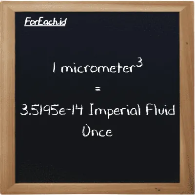 1 micrometer<sup>3</sup> is equivalent to 3.5195e-14 Imperial Fluid Once (1 µm<sup>3</sup> is equivalent to 3.5195e-14 imp fl oz)