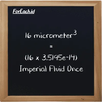 How to convert micrometer<sup>3</sup> to Imperial Fluid Once: 16 micrometer<sup>3</sup> (µm<sup>3</sup>) is equivalent to 16 times 3.5195e-14 Imperial Fluid Once (imp fl oz)