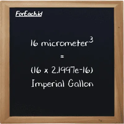 How to convert micrometer<sup>3</sup> to Imperial Gallon: 16 micrometer<sup>3</sup> (µm<sup>3</sup>) is equivalent to 16 times 2.1997e-16 Imperial Gallon (imp gal)